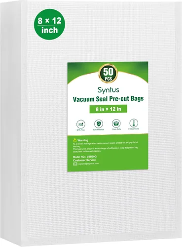 Syntus Bolsas Selladoras al Vacío para Alimentos, 50 Unidades Tamaño Cuarto 8" x 12" Bolsa Precortada Grado Comercial, Bolsas de Vacío para