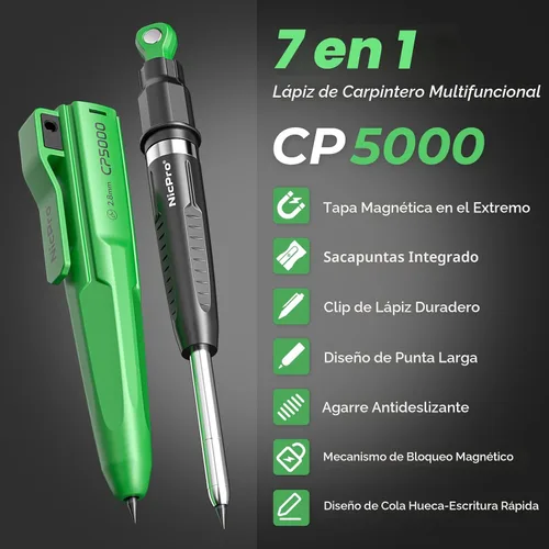 Miniatura 2 de Nicpro Lápices de carpintero magnéticos 7 en 1 CP5000 con sacapuntas, lápiz de construcción mecánica de 2.8mm + 10 recambios, marcador de agujeros