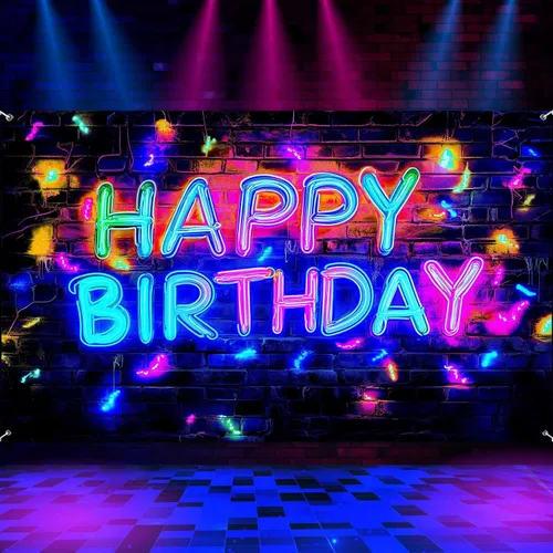 Miniatura 2 de Cartel de fondo de neón para fiesta de cumpleaños, luz negra que brilla en la oscuridad, pancarta grande de feliz cumpleaños, suministros