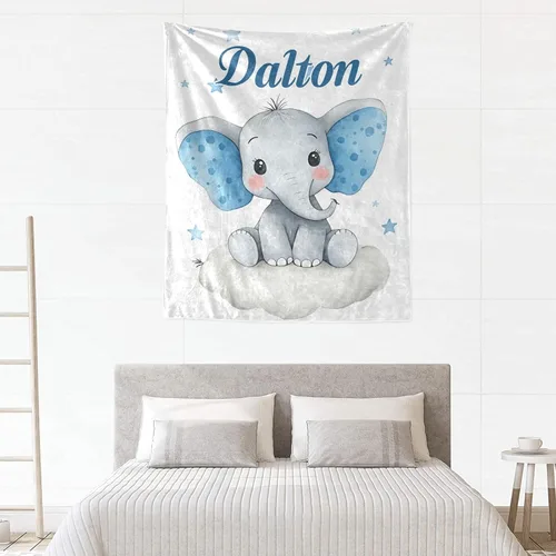 Miniatura 3 de Manta personalizada de vellón para niños con nombre, manta de bebé personalizada con diseño de elefante azul, para cama, regalo de cumpleaños, baby