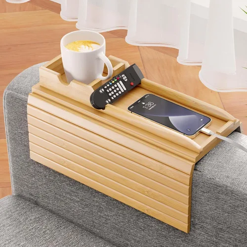 Miniatura 12 de Bestjing Bandeja de bambú para portavasos de sofá – 2 en 1 con soporte doble desmontable Be Slide-Away – Sofá sillón Caddy para beber aperitivos