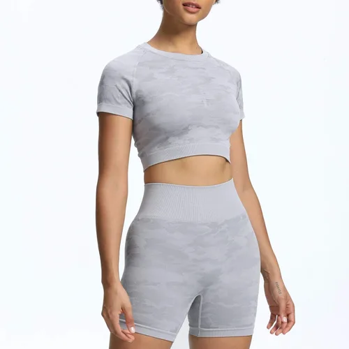 Miniatura 4 de Aoxjox Traje de yoga para mujer, sin costuras, 2 piezas, entrenamiento, gimnasio, adaptado, pantalones cortos de cintura alta con brasier deportivo