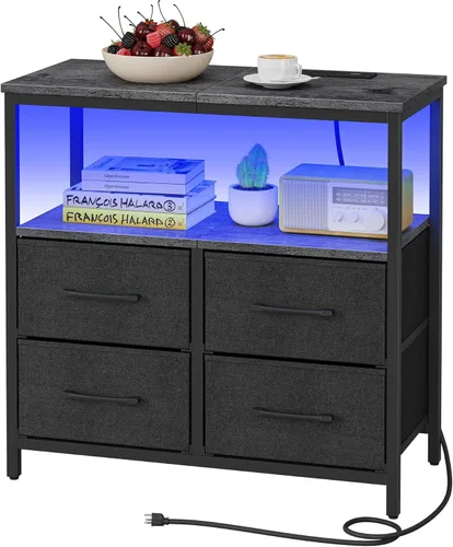 Miniatura 8 de TUTOTAK Mesita de noche LED con estación de carga, mesita de noche grande con puerto USB y Type-C, mesa de noche con cajones de tela, mesa auxiliar