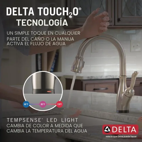 Miniatura 2 de Delta Leland Grifo de Cocina Táctil de Níquel Cepillado con Rociador Desplegable, Grifo Táctil Tradicional de Un Solo Orificio para Fregadero