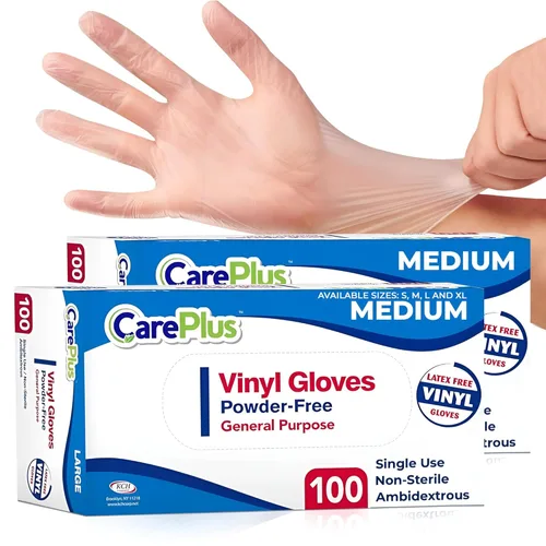 Care Plus – Guantes de vinilo desechables, sin talco, transparentes, sin látex, hipoalergénicos, caja de 100, M