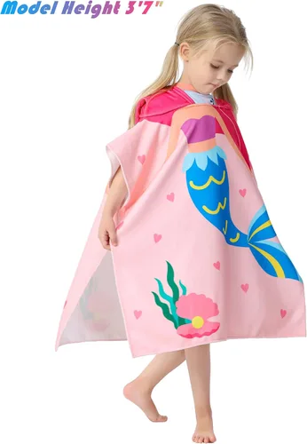 Miniatura 2 de Toalla de playa con capucha de sirena rosa para niñas pequeñas, poncho de baño, piscina, natación, traje de baño suave y ligero de microfibra Nueva