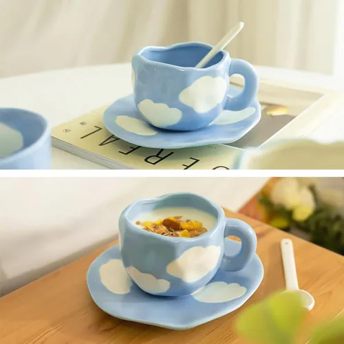 Miniatura 5 de Taza de cerámica Noviko Cloud con platillo, taza de té en forma de nube para niñas y mamá, 11 oz Cielo azul y nubes blancas