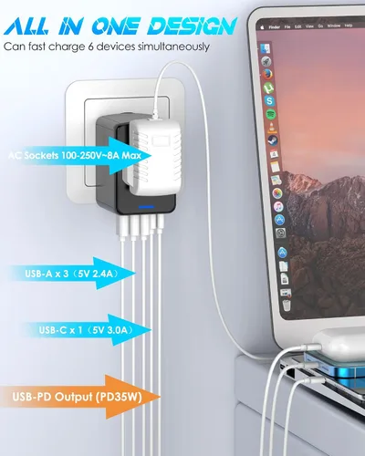 Miniatura 3 de Adaptador de viaje universal, carga rápida PD de 35 W y 2 USB C 3 USB A y salida de CA de 2500 W, adaptador de corriente internacional para Europa