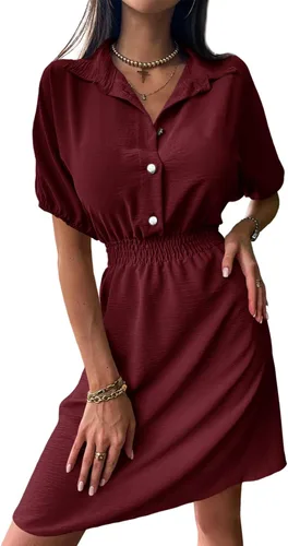 DOBULO Vestido de verano con cuello en V para mujer manga corta con botones cintura elástica holgado vestido de camisa