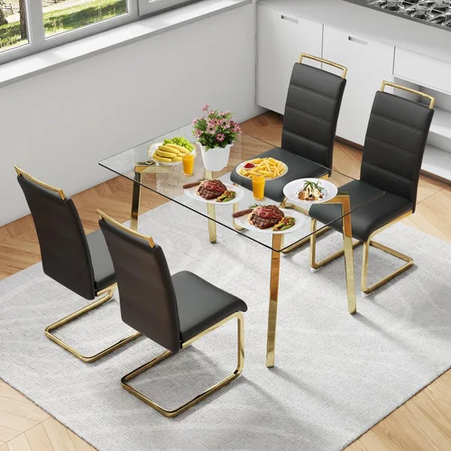 Miniatura 13 de Juego de mesa de comedor de cristal para 4, mesa rectangular con 4 sillas de cocina de cuero gris, juego de comedor de cocina de 51 pulgadas, mesa 4