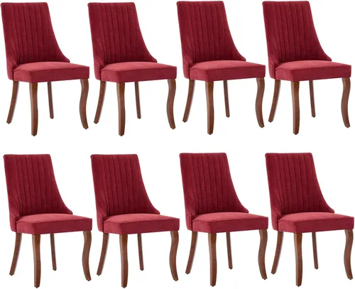 Miniatura 32 de Juego de 8 sillas de comedor, sillas de cocina con canales de lino con patas curvadas de madera maciza, silla de comedor tapizada de tela cómoda