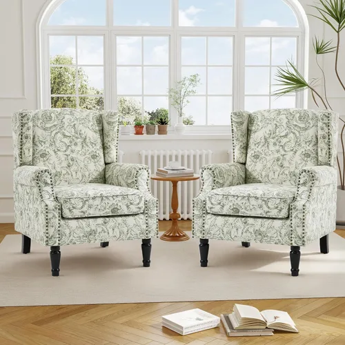 Miniatura 66 de Silla reclinable tapizada, sillón de ala floral con respaldo y reposapiés ajustables, cómoda silla decorativa para leer, sofá individual