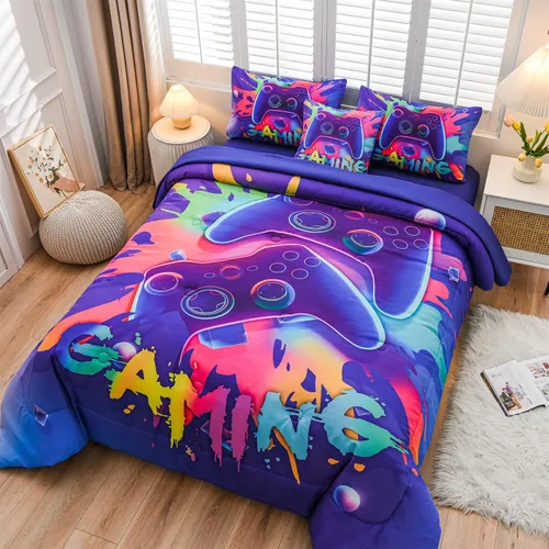 Miniatura 5 de Aimuan Juego de edredón de videojuegos para niños, conjunto de ropa de cama para niños, consola de videojuegos, botones de acción, novedoso y Morado