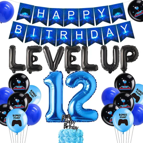 Decoraciones de fiesta de cumpleaños número 12, videojuegos, color azul, suministros de decoración de fiesta de cumpleaños de 12 años con