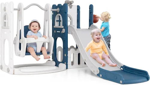 Miniatura 11 de Costzon Juego de Columpio y Tobogán 7 en 1 para Niños Pequeños, Conjunto de Juego Independiente con Tobogán para Niños Pequeños con Columpio, Aro