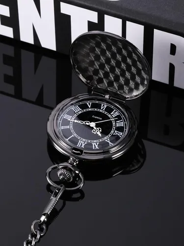 Miniatura 3 de Reloj de bolsillo de cuarzo para hombre con esfera negra y cadena