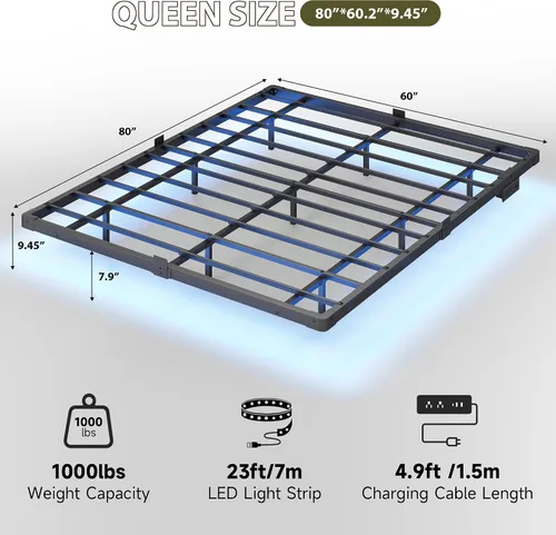 Miniatura 2 de Base de cama flotante tamaño matrimonial, luces LED inteligentes y estación de carga, 9.45 pulgadas de alto espacio libre, tapón deslizante