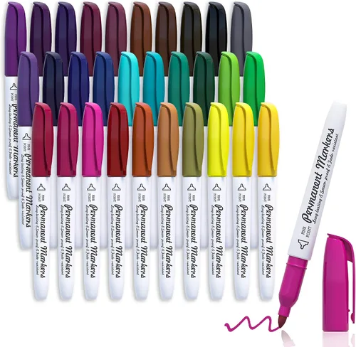 Lelix Marcadores permanentes de 30 colores, punta fina, colores surtidos, funciona en plástico, madera, piedra, metal y vidrio para niños y adultos