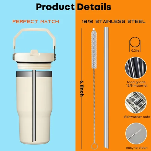 Miniatura 4 de ALINK - Paquete de 6 popotes de acero inoxidable compatibles con el vaso Stanley Iceflow de 20 onzas con tapa abatible, popotes metálicos