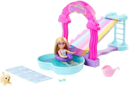 Miniatura 4 de Barbie HTK39 Juego de tobogán acuático arcoíris con muñeca Chelsea y cachorro, altura 7.9 in, accesorios incluidos, juguete para niños, a partir