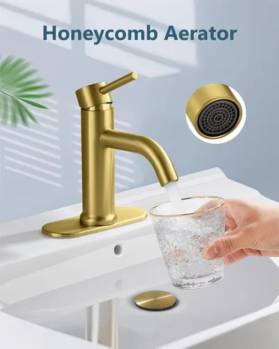 Miniatura 4 de Aolemi Grifo de baño de un solo agujero, grifo de lavabo de baño de una sola manija con líneas de suministro, con montaje de drenaje desplegable