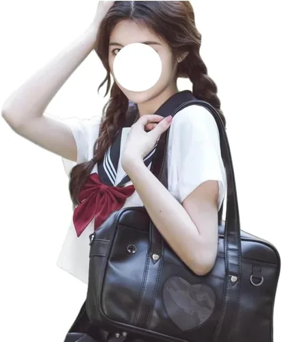 Miniatura 5 de Bolso de hombro japonés grande, de piel sintética, Kawaii con pompón de leopardo rosa (tamaño grande A3, ventana de corazón negro), Negro