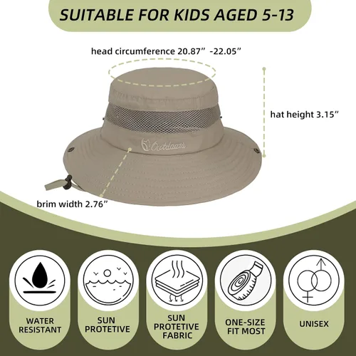 Miniatura 6 de Sombrero de sol para niños, ala ancha, sombrero de safari para niños, protección solar UPF 50+, sombrero de cubo para niños y niñas