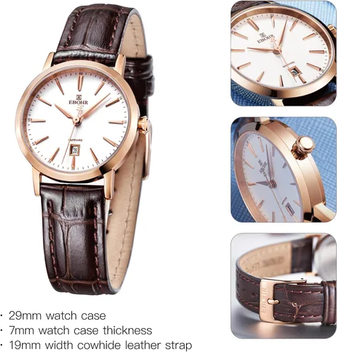 Miniatura 5 de Reloj clásico de cuarzo para mujer, elegante y resistente, con correa de piel de vacuno, perfecto para cualquier ocasión