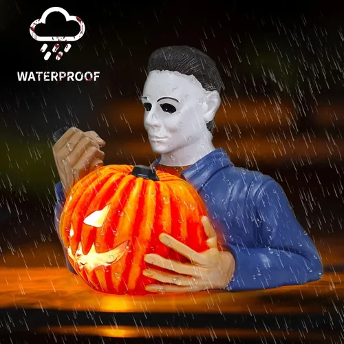 Miniatura 6 de nezababy Estatua de gnomo asesino iluminada, decoraciones de Halloween, gnomo de jardín de terror con decoración de resina de calabaza