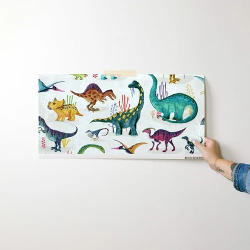 Miniatura 7 de Muestras de papel tapiz para despegar y pegar, dinosaurios, brillantes, grandes, verdes, para niños, rayas grises, dibujado a mano, dinosaurios