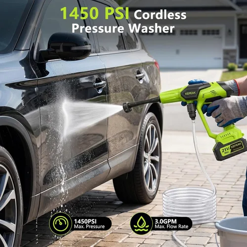 Miniatura 11 de KEPEAK Lavadora portátil inalámbrica, lavadora de mano de 1450 PSI con boquilla 6 en 1, 2 baterías de 4.0Ah y cargador, para automóvil, hogar