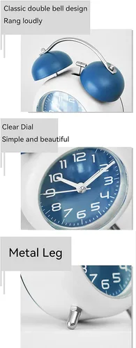 Miniatura 3 de TXY Reloj despertador, reloj analógico de mesa de escritorio de metal de 4 pulgadas, silencioso con luz nocturna para dormitorio, hogar, oficina