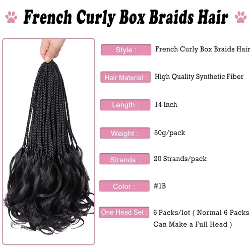 Miniatura 2 de Trenzas de ganchillo rizadas francesas de 14 pulgadas, 6 paquetes de trenzas caja con extremos rizados, trenzas de caja diosa, cabello trenzado #1B