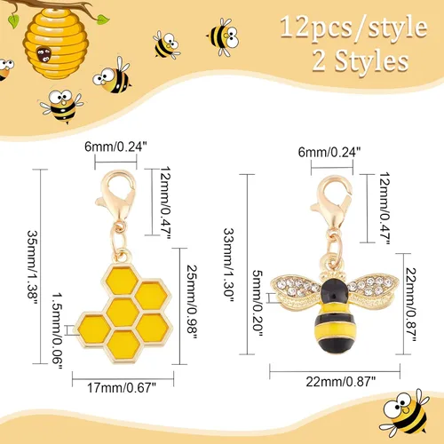Miniatura 2 de BENECREAT 24 colgantes de aleación de abejas y panal de abeja con cierre de mosquetón de aleación de zinc y anillos de salto abiertos de hierro