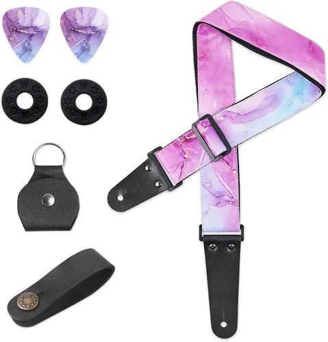 Miniatura 14 de LIZIMANDU Correa ajustable para guitarra incluye 2 cierres de correa y 4 púas a juego. Correa de hombro para guitarra con extremos de cuero, ideal