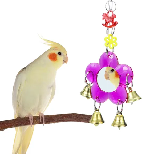 Juguete de espejo de pájaro colgante Campana de timbre colorido columpio jaula de juguete con sonido dulce para loro pequeño mediano periquito