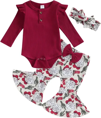 Kuriozud Conjunto de pantalones acampanados para bebé recién nacida, con volantes, lindo conjunto de pantalones acampanados con diadema y ramitas