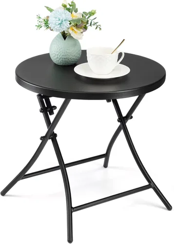 Mesa auxiliar para exteriores, mesa auxiliar redonda plegable de metal, resistente a la intemperie, mesa decorativa de patio pequeño para porche,