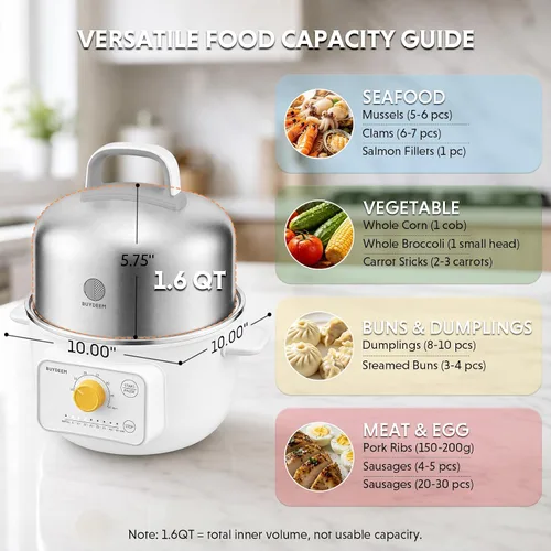 Miniatura 6 de BUYDEEM G32 Vaporizador Eléctrico de Alimentos 1.56L, Vaporizador de Acero Inoxidable para Verduras, Huevos y Mariscos, 8 Configuraciones de Tiempo