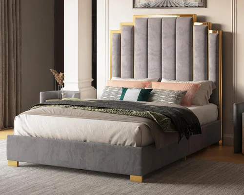 Miniatura 13 de Albott Marco de cama de plataforma tamaño Queen, cama tapizada de terciopelo de 61.4 pulgadas con cabecero de ribete dorado, listones de madera,