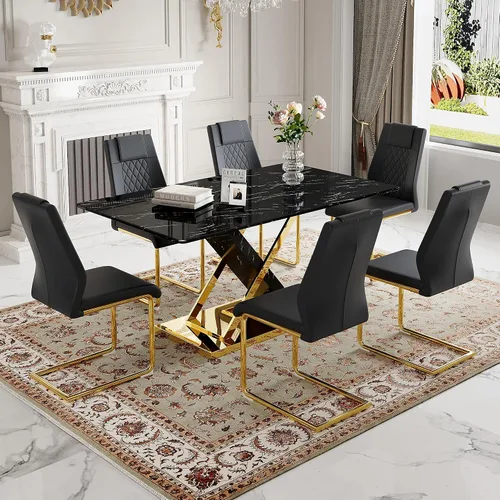 Miniatura 23 de Juego de mesa de comedor de mármol para mesa rectangular blanca de 4.63 pulgadas con marco de metal plateado en forma de X y 4 sillas de comedor