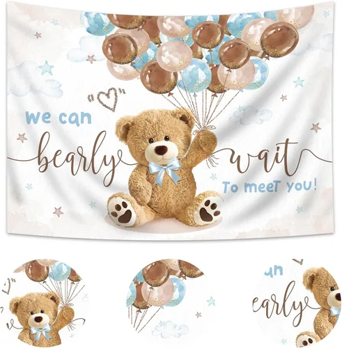Miniatura 2 de Telón de fondo de oso para baby shower, de 5 pulgadas de ancho x 3 de alto, con texto en inglés «We Can Bearly Wait Brown Blue Balloons» de dibujos
