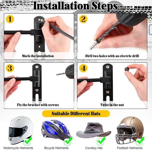 Miniatura 4 de Shimeyao Soporte de pared para casco de motocicleta, rotación de 180°, soporte de exhibición con 2 ganchos para hombres y mujeres, abrigos