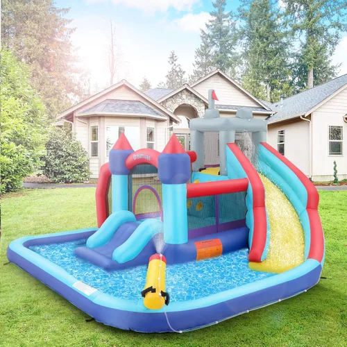 Miniatura 5 de AKEYDIY Toboganes acuáticos inflables, estilo castillo, parque acuático inflable al aire libre con escalada, borde de baloncesto, piscina