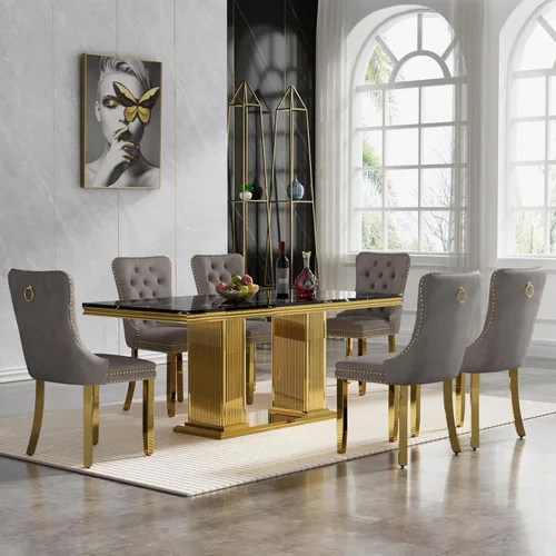 Miniatura 36 de HomVent Juego de mesa de comedor moderna de mármol sintético para 4 personas, mesa de cocina rectangular con 4 sillas beige (dorado)