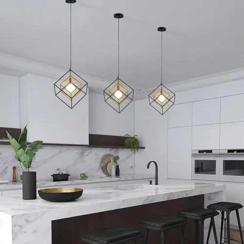 Miniatura 6 de Lámpara de araña geométrica moderna, lámpara colgante de metal con 1 luz, lámpara de techo colgante de latón negro, iluminación industrial de cubo