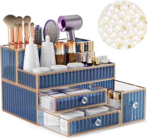 Miniatura 7 de Youdepot Organizador de maquillaje de vidrio templado dorado para cosméticos, cuidado de la piel, herramientas para el cabello, brochas, perfume