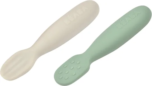 BEABA Juego de 2 cucharas de silicona para bebés de 4 a 8 meses, cucharas de silicona ultra suaves para ayudar con la autoalimentación, diseñadas