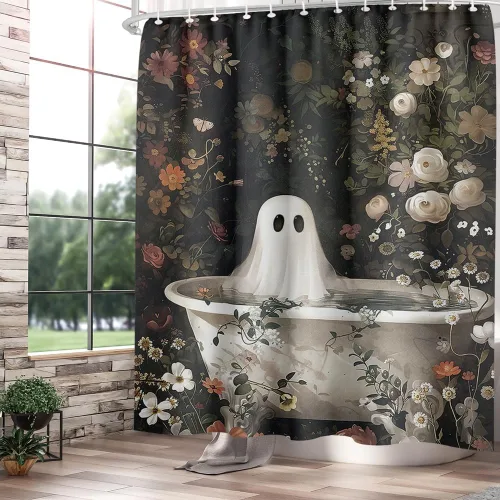 Miniatura 2 de Cortina de ducha de Halloween con diseño de fantasma, para bañera, bosque de flores, cortina de ducha para baño, academia oscura, tina fantasma