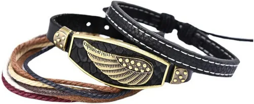Miniatura 5 de Bigbabybig 3 pulseras de cuero estilo surfista con alas de ángel punk, étnicas tribales y étnicas para hombres y mujeres, pulsera trenzada de cuero